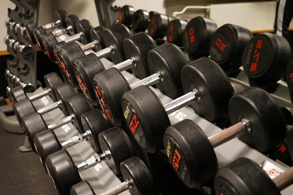 Reihe schwerer Kurzhanteln auf einem Hantelständer im Fitnessstudio